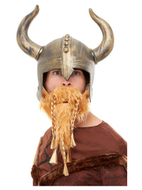 image of man wearing authentic looking viking helmet with beard attached